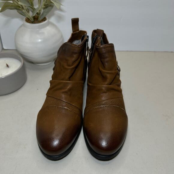 Miz Mooz Slinky Leather Ankle Boots Ruched Upper Cognac Women 41/9.5-10 NWOB - Picture 3 of 10